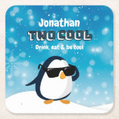2nd Birthday Two Cool Penguin Boy スクエアペーパーコースター (正面)