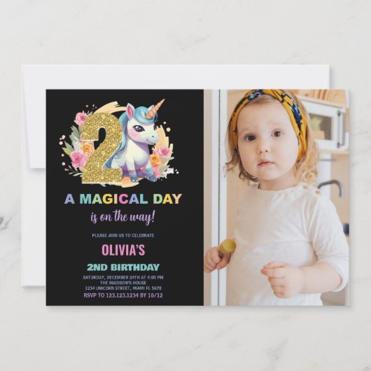 2nd Birthday Unicorn誕生日招待状写真 招待状 (正面)