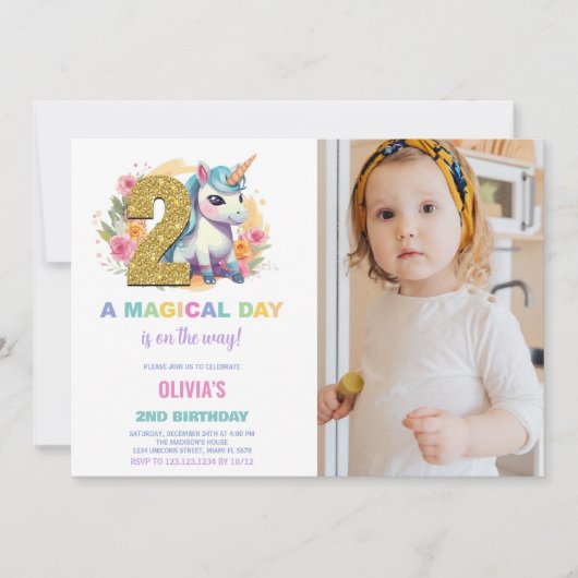 2nd Birthday Unicorn誕生日招待状写真 招待状 (正面)