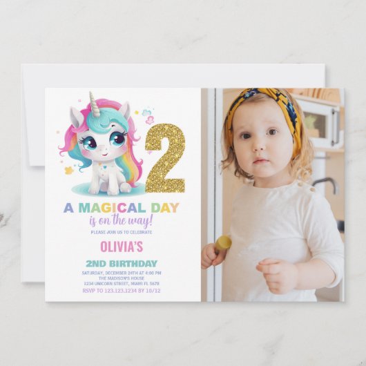 2nd Birthday Unicorn誕生日招待状写真 招待状 (正面)