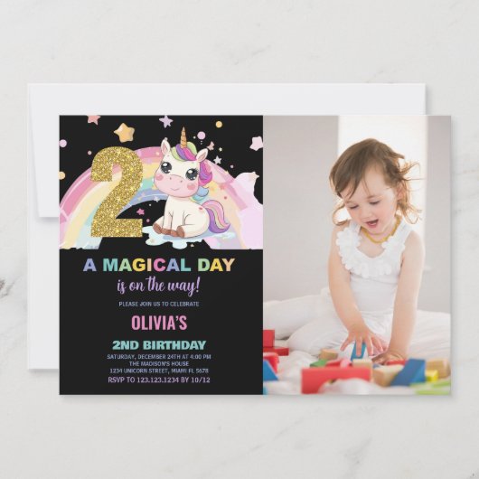 2nd Birthday Unicorn誕生日招待状写真 招待状 (正面)