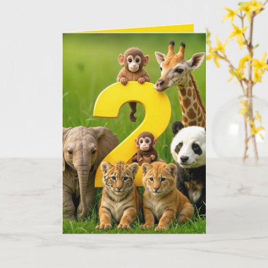 2nd Birthday Wildlife Animal Babies カード (黄色い花)