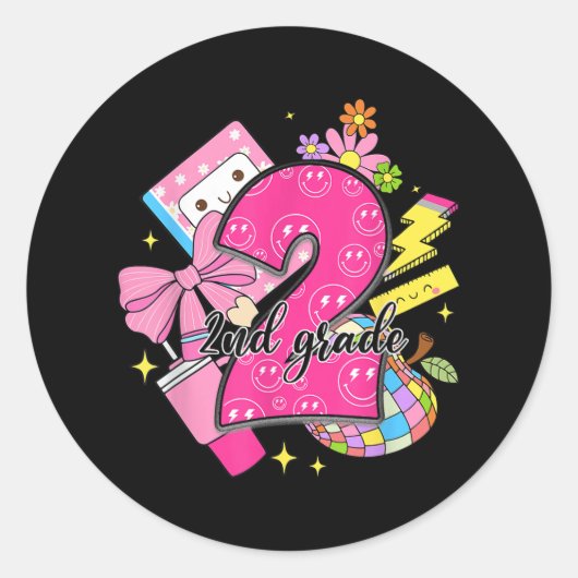 2nd Grade Back To School Teacher Girl Coquette Bow ラウンドシール (正面)