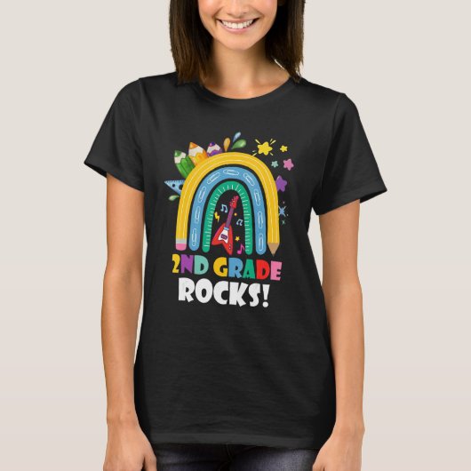 2nd Grade Rocks Rainbow Kids Girls Teacher Back To Tシャツ (正面)