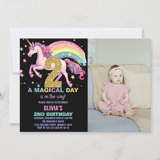 2nd Unicorn誕生日招待状ブラックw写真 招待状 (正面)