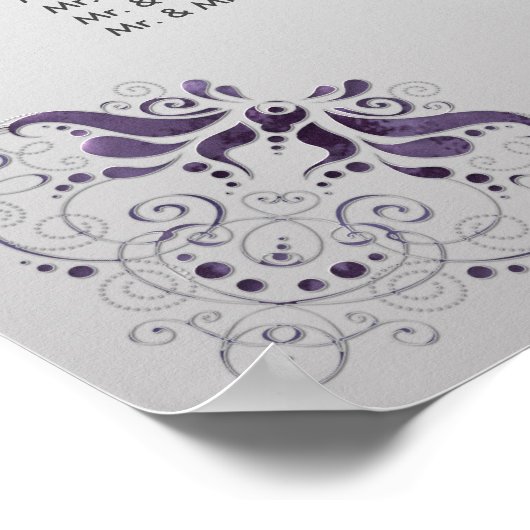 #2Ornate紫の銀のフローラ渦巻き旋回の座席表 ポスター (角)