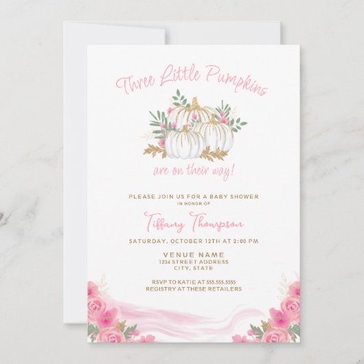 3かぼちゃのオンウェイ秋ガールトリプレットベビーシャワー 招待状 (正面)