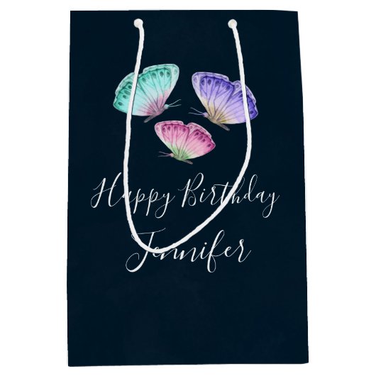 3かわいらしパステルウォーター色蝶誕生日 ミディアムペーパーバッグ (正面)