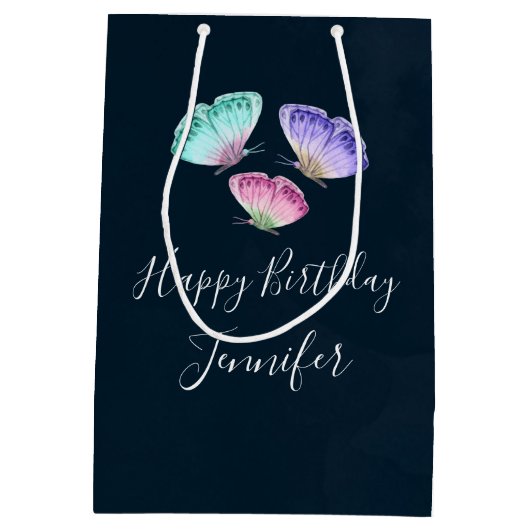 3かわいらしパステルウォーター色蝶誕生日 ミディアムペーパーバッグ (裏面)