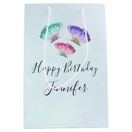 3かわいらしパステルウォーター色蝶誕生日 ミディアムペーパーバッグ (正面)