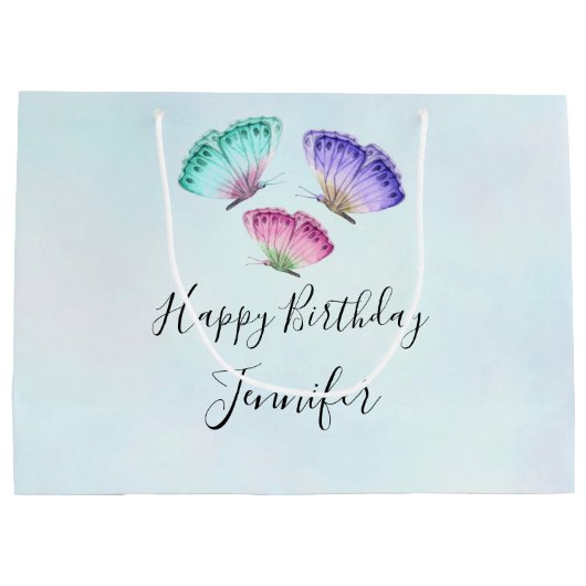 3かわいらしパステルウォーター色蝶誕生日 ラージペーパーバッグ (裏面)