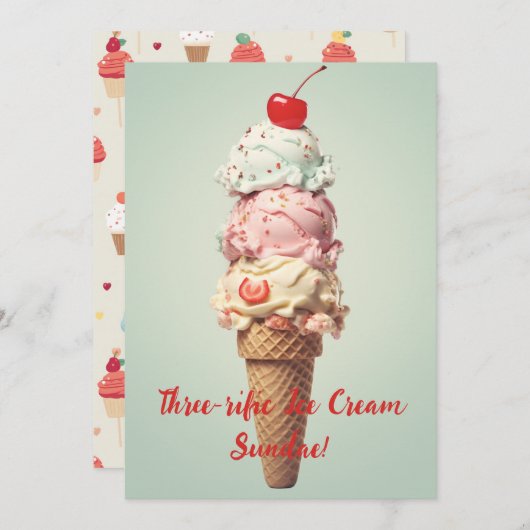 3さいのお誕生日おめでとう！アイスクリームサンデーのバースデーカード 招待状 (正面/裏面)