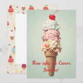 3さいのお誕生日おめでとう！ アイスクリームサンデー バースデーカード 招待状 (正面/裏面)
