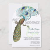 3つのアクアクジャクのヴィンテージフェザー&バード 招待状 (正面)