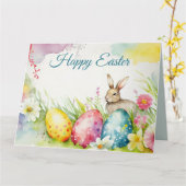 3つのイースターエッグを持つイースターバニー カード (黄色い花)