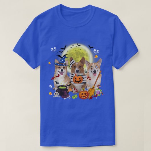 3つのウェルシュコーギードッグウィッチモイムハロウィーン Tシャツ (デザイン正面)