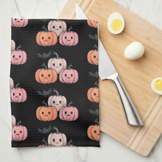 3つのカボチャとこうもりパターンハロウィーン キッチンタオル (四つ折り)