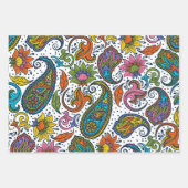 3つのカラフルヴィンテージペイズリーパターン ラッピングペーパーシート (正面)