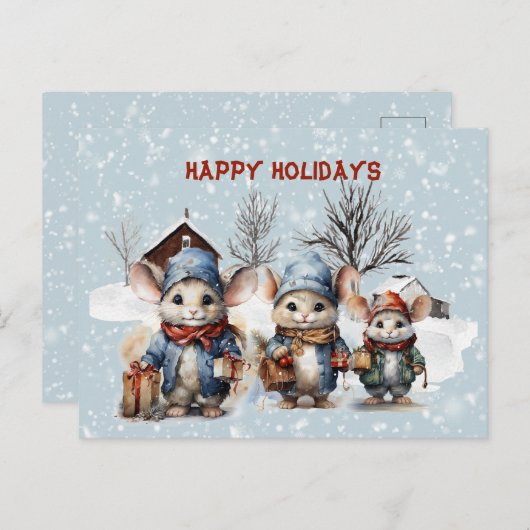 3つのキュートリートネズミアットザファームハッピーホリデイズ シーズンポストカード (正面/裏面)