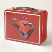 3つのクラシックの高級赤い車、金属の弁当箱 メタルランチボックス (正面)