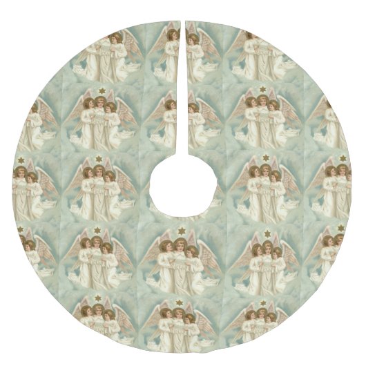 3つのクリスマスの天使および金ゴールドの星の休日パターン ブラッシュドポリエステルツリースカート (正面)