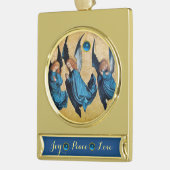 3つのクリスマスエンジェルを青で/喜び平和の愛 ゴールドプレートバナーオーナメント (左)