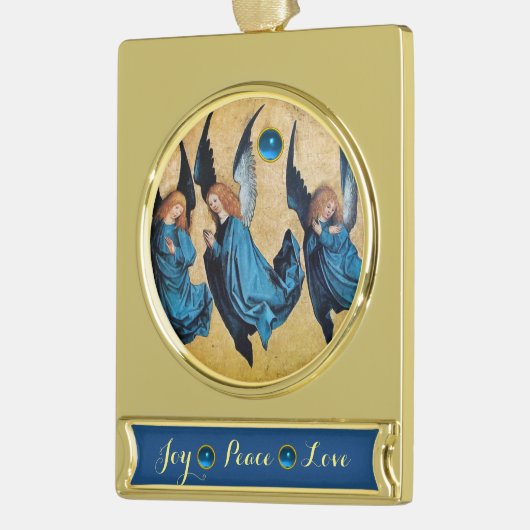 3つのクリスマスエンジェルを青で/喜び平和の愛 ゴールドプレートバナーオーナメント (左)