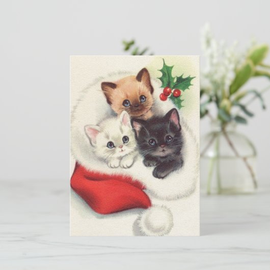 3つのクリスマスヴィンテージの子猫のストッキング シーズンカード (スタンド正面)