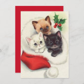 3つのクリスマスヴィンテージの子猫のストッキング シーズンカード (正面/裏面)
