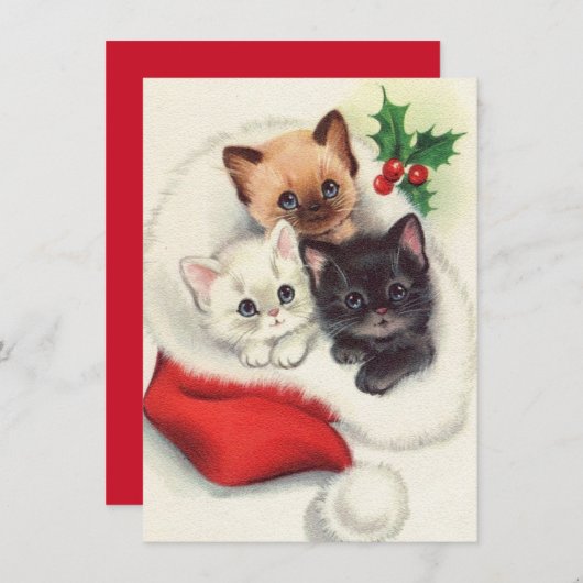 3つのクリスマスヴィンテージの子猫のストッキング シーズンカード (正面/裏面)