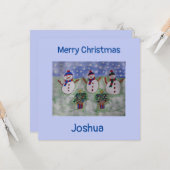 3つのクリスマス雪だるまフラットクリスマスカード カード (正面/裏面インサイチュ)