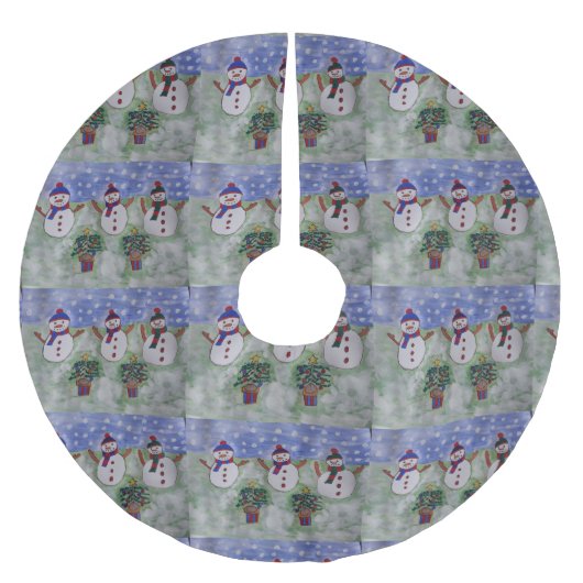 3つのクリスマス雪だるま ブラッシュドポリエステルツリースカート (正面)
