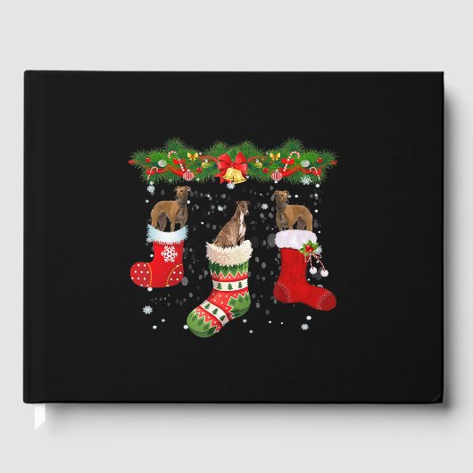 3つのグレイハウンド犬の靴下クリスマスサンタ ゲストブック (正面)