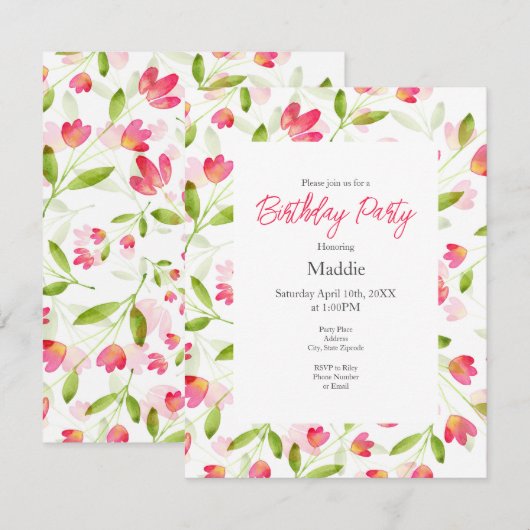 3つのコーラルピンクの水彩花茎パターン 招待状 (正面/裏面)