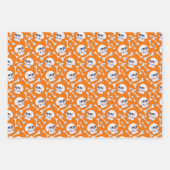 3つのスカルとクロスボーンカボチャのオレンジ色のセット ラッピングペーパーシート (正面3)