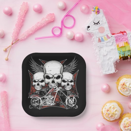 3つのスカルとレッドチョッパーオートバイスクエア ペーパープレート (パーティー)