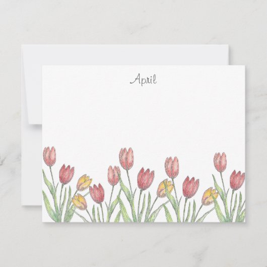 3つのチューリップ色鉛筆、ペン、インクのスケッチ注記 ノートカード (正面)