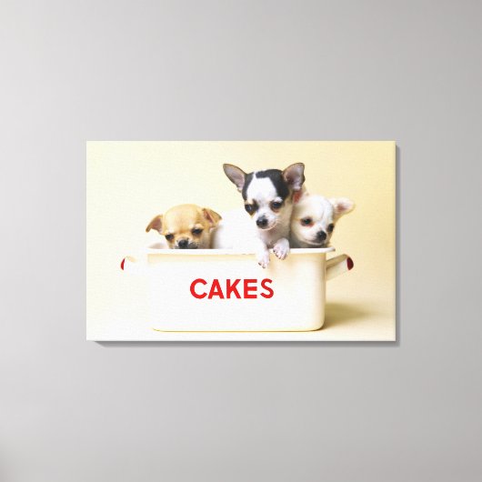 3つのチワワの子犬のケーキのスズ キャンバスプリント (正面)