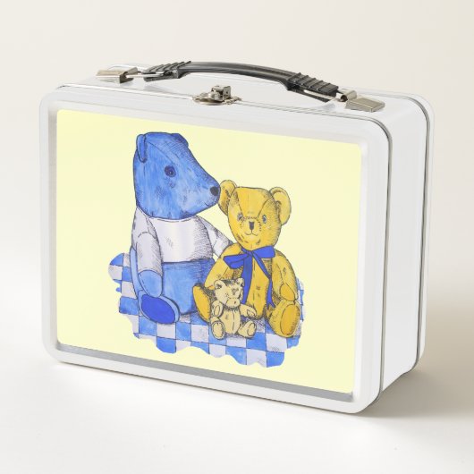 3つのテディベアを持つ青いチェックピクニッククロス メタルランチボックス (正面)