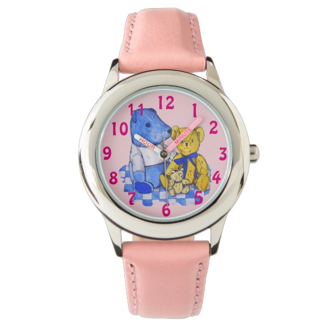 3つのテディ付きの青いチェックピクニッククロス 腕時計 (正面)