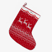 3つのトナカイ赤い北欧パターン ラージクリスマスストッキング (正面 (吊り時))