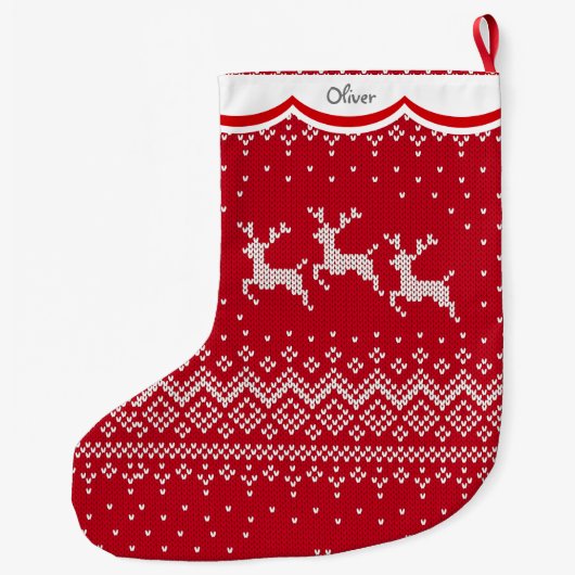 3つのトナカイ赤い北欧パターン ラージクリスマスストッキング (裏面)