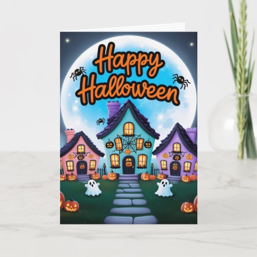 3つのハロウィーンの家フルムーンかわいい カード (正面)