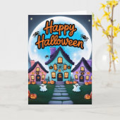3つのハロウィーンの家フルムーンかわいい カード (黄色い花)