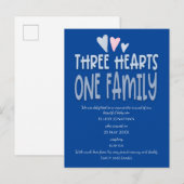 3つのハートワンファミリーダークブルー男の赤ちゃん誕生 案内ポストカード (正面/裏面)