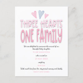 3つのハートワンファミリーピンクベビーガール誕生 案内ポストカード