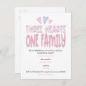 3つのハートワンファミリーピンクベビーガール誕生 案内ポストカード (正面/裏面)