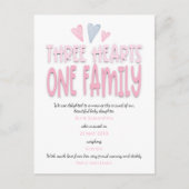 3つのハートワンファミリーピンクベビーガール誕生 案内ポストカード (正面)