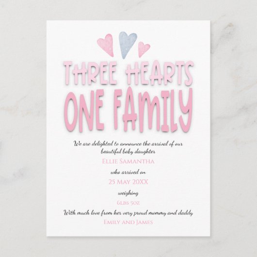3つのハートワンファミリーピンクベビーガール誕生 案内ポストカード (正面)