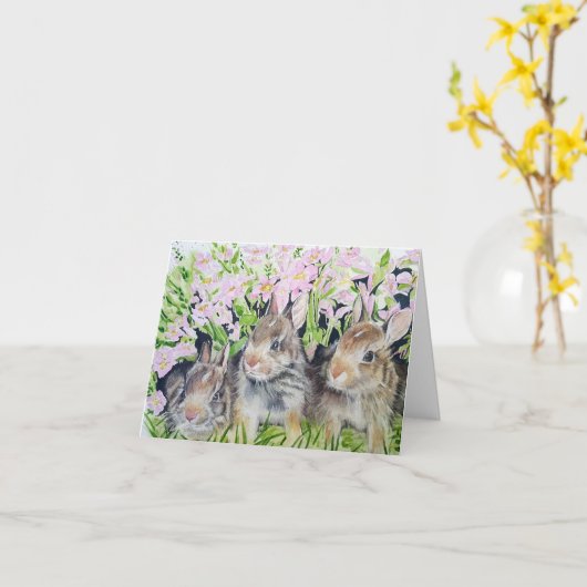 3つのバニーのイースターカード手塗りの芸術 カード (黄色い花)